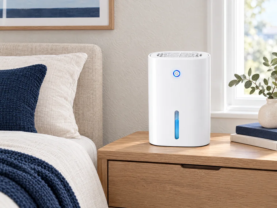 Drydon on a dry bedside table in a compact bedroom