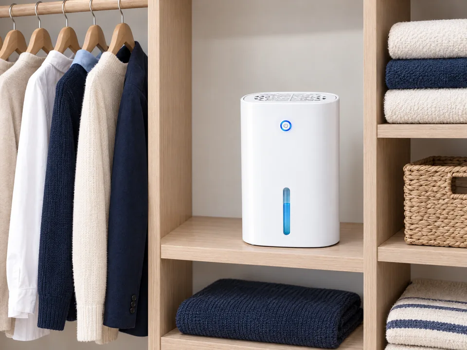 Drydon on an open shelf in a tidy walk-in closet, with space around its vents
