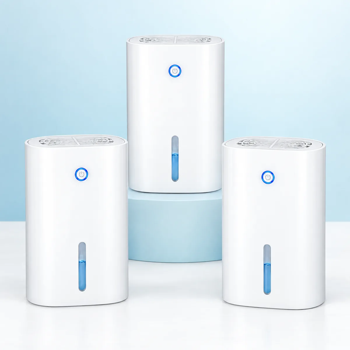 Three matching Drydon units arranged on a pale cyan studio surface