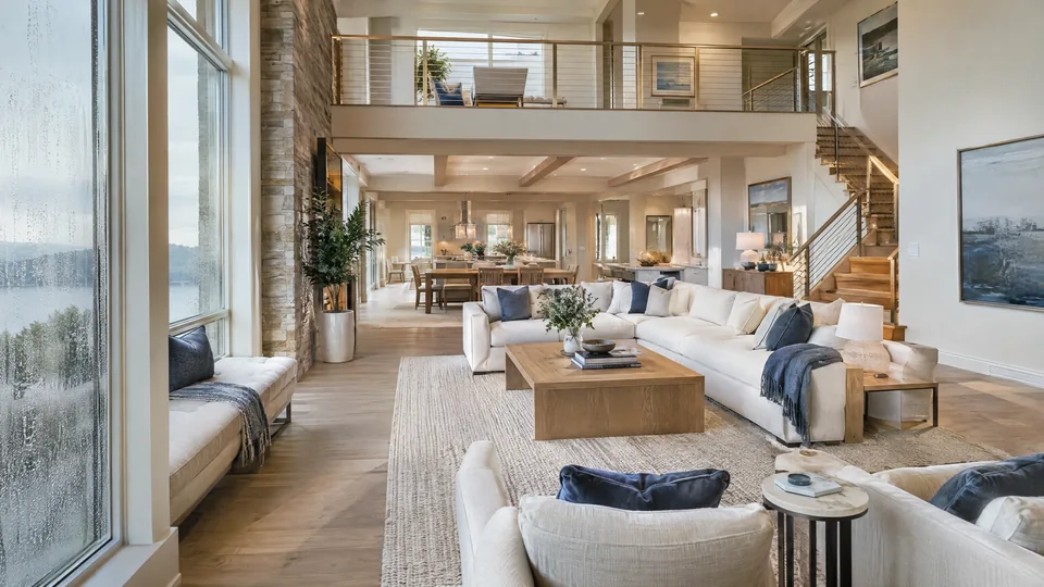 A large open-plan living space with condensation on a foreground window