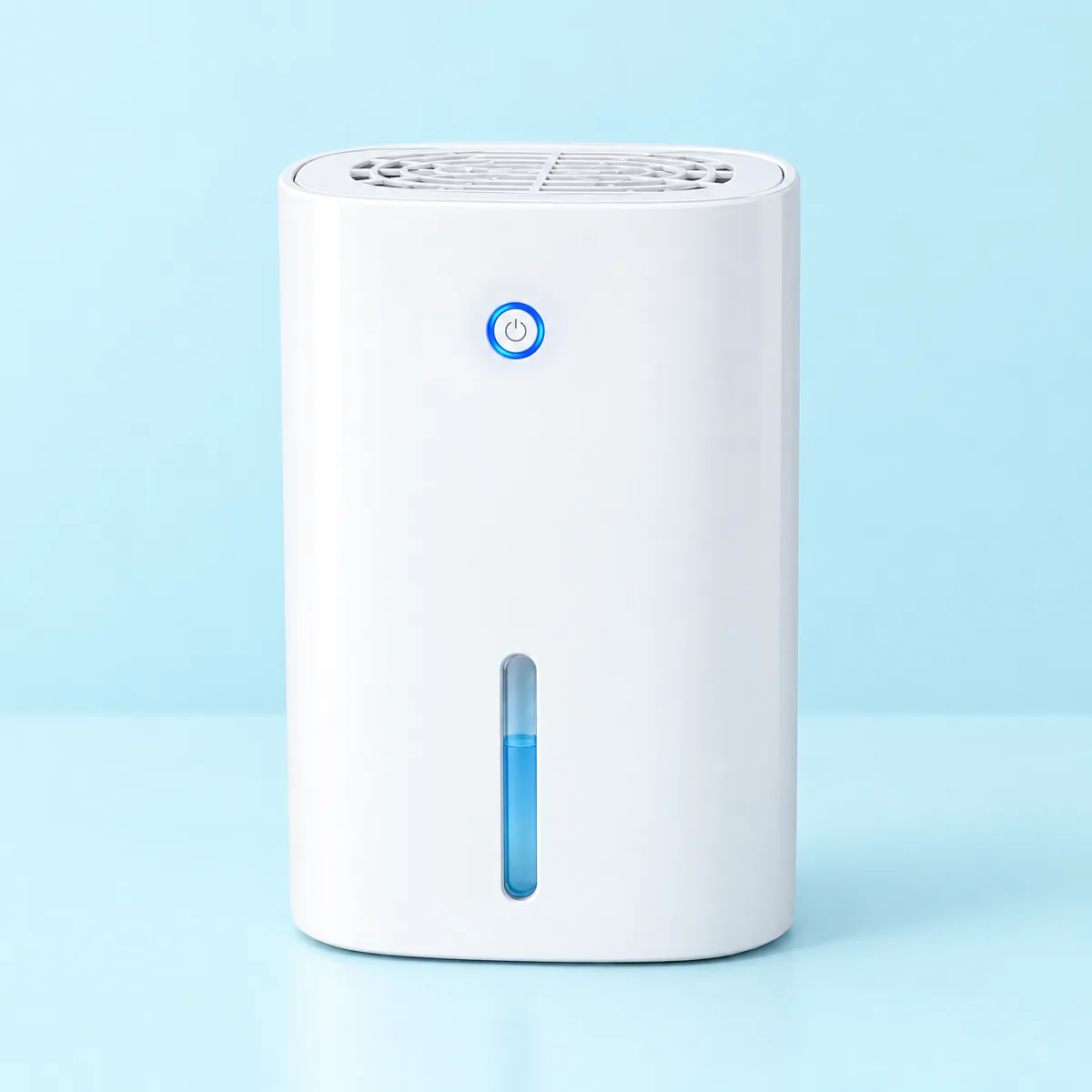 Drydon's white rounded body, blue power button and water-level window in a fresh cyan studio scene