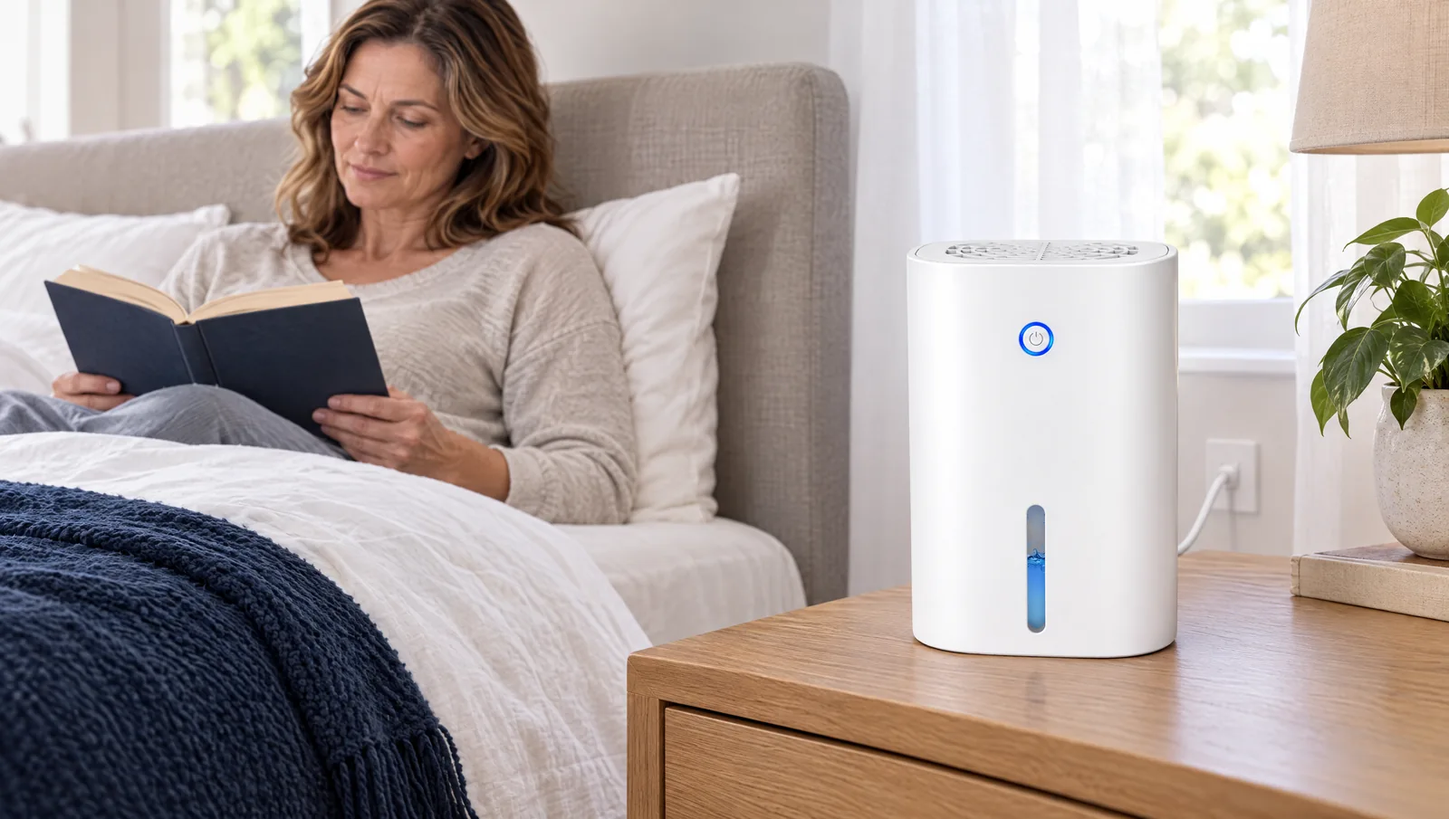 Drydon on a dry bedside table beside a woman reading in a bright bedroom