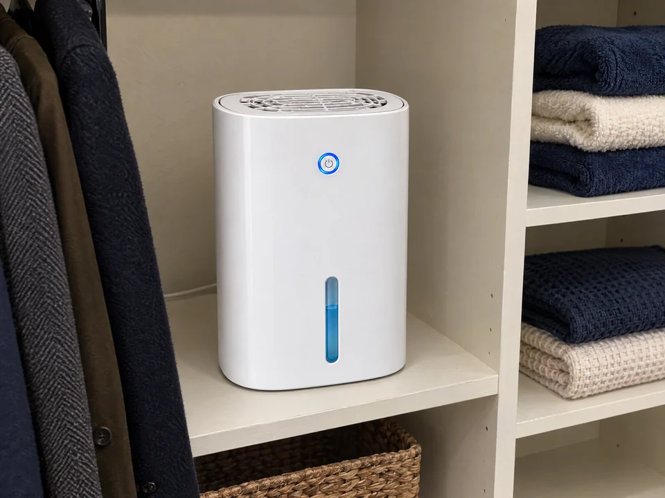 Illustrative phone-style photo of Drydon on a dry open closet shelf